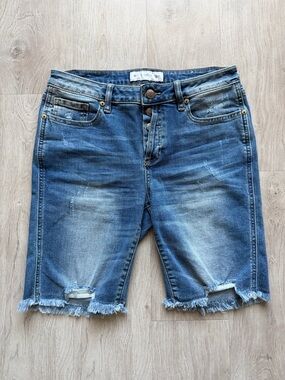 Miss Me Mid Rise Button Front Blue Jean Biker Shorts Distressed Frayed Denim